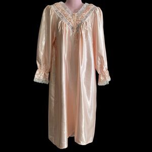 Vintage Heather Lane Nightgown Womens Small Satin Lace Long Sleeve 80s Retro